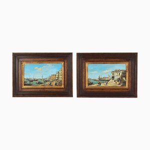 Continental School Artist, Antique Venice Landscape, 19th Century, Oil Paintings on Board, Framed, Set of 2