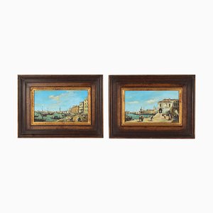 Continental School Artist, Paesaggio antico di Venezia, XIX secolo, Dipinti ad olio su tavola, Con cornice, set di 2