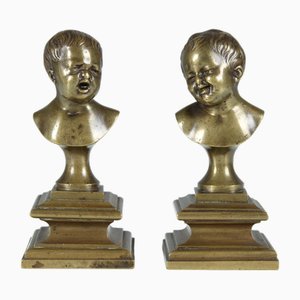 Bustos de bronce antiguos en miniatura de niños riendo y llorando, década de 1880. Juego de 2