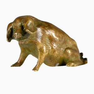 Escultura antigua de bronce de cerdo sentado firmada de L.Carvin para Suisse Frères, 1910