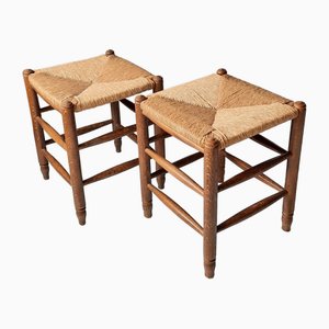 Wood and Rush Stools, 1960s, Set of 2