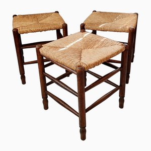 Wood and Rush Stools, 1960s, Set of 3