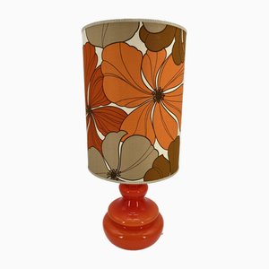 Lámpara de mesa Flower Power grande con pantalla de tela y base de vidrio iluminado, Alemania, años 70