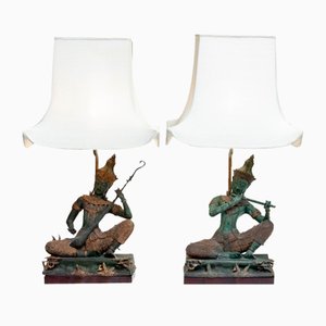 Vintage Asian Table Lamps with Bronze / Gild Statues of Phra Aphai Mani, 1970s, Set of 2