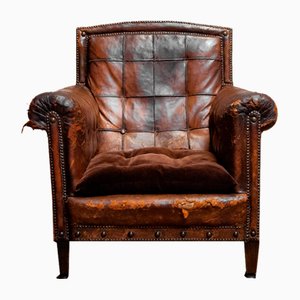 English Bottom Back Tan Brown Nailed Cigar / Club Chair, 1920s