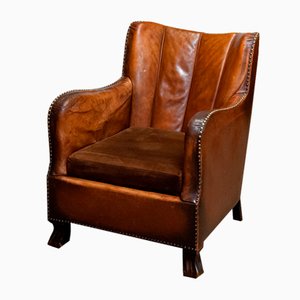 Club Chair in Tan Brown Patinated Leather in the style of Fritz Hansen, 1930s