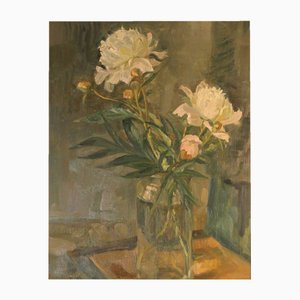 Artiste Impressionniste, Nature Morte de Pivoines dans un Vase, 1948, Huile sur Panneau, Encadrée