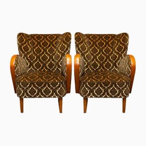 Set of Two Tone Velvet Lounge Chairs with Elm Armrests in the style of Fritz Hansen, 1940s