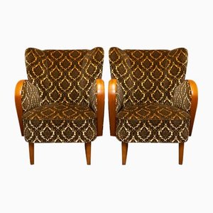Two Tone Velvet Lounge Chairs with Elm Armrests in the style of Fritz Hansen, 1940s, Set of 2