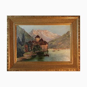 View of Chillon Castle, 1900, Oil on Canvas, Framed