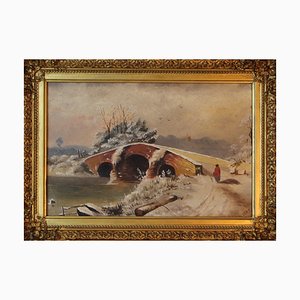 Paysage d'Hiver Romantique, 1882, Huile sur Bois, Encadré