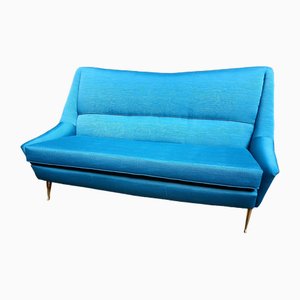 2-Seater Sofa with Legs in Brass Blue Fabric by Gio Ponti for Isa Bergamo, 1950s