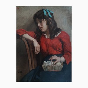 Simon Durand, Jeune fille au panier et au noeud bleu, Oil on Cardboard, Framed