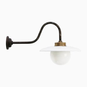 Vintage Industrial White Enamel, Brass and White Opaline Wall Light