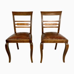 Art Deco Dining Chair in Oak and Leather, 1930s, Set of 2