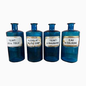 Frasco de farmacia francesa de vidrio azul, 1860. Juego de 4