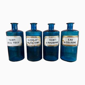 French Pharmacy Bottle in Blue Glass, 1860, Set of 4