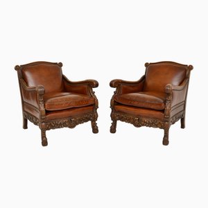 Antique Swedish Bergere Armchairs in Leather and Oak, 1910, Set of 2