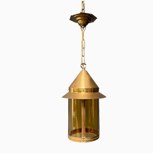 Brass Lantern Hanging Lamp with Yellow Glass