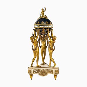 Gilt and Enameled Bronze Clock in White Marble The Three Graces