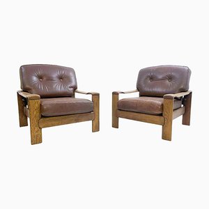 Mid-Century Modern Armchairs in Leather and Oak, 1960s, Set of 2