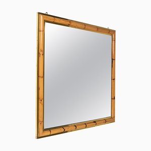 Mid-Century Square Wall Mirror in Brass and Bamboo, Italy, 1970s