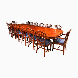 20th Century Brass Inlaid Dining Table & Shield Back Chairs, 1950s, Set of 15