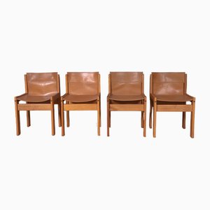 Ibisco Chairs in Wood and Leather, 1970s,Set of 4