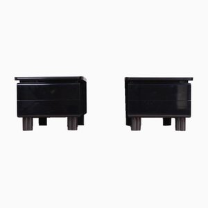 Glossy Black Lacquered Bedside Tables with 2-Drawer Legs, Set of 2