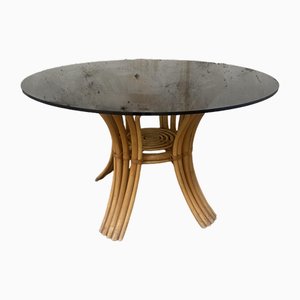 Mid-Century Italian Modern Bamboo Dining or Center Table with Smoked Glass Top, 1970s