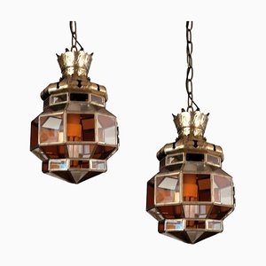 Mid-Century Spanish Lamps in Brass and Colored Crystals, Set of 2