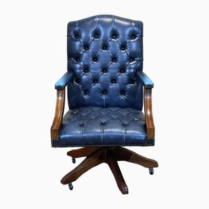 English Blue Leather Office Armchair, 1970s