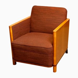 Art Deco Swedish Chair with Elm Base and Dark Brown Wool by Erik Chambert, 1930s