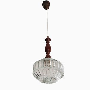 Small Mid-Century Modern Wood and Crystal Glass Oval Hanging Lamp, 1950s