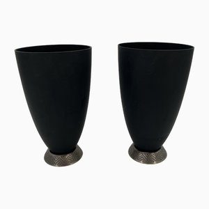 Postmodern Flower Vases in Black Satin Glass with Metal Base, 1980, Set of 2