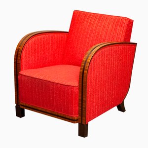 Art Deco Swedish Club Lounge Chair Veneered Armrests and Red Boucle Fabric, 1920s