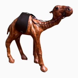 Camel Sculpture with Aged Leather on Hand Carved Wood from Liberty London, 1920s