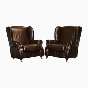 Vintage Chocolate Brown Leather Wingback Chairs, 1970s, Set of 2