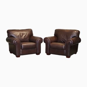 Large Brown Leather Armchairs, 1980s, Set of 2