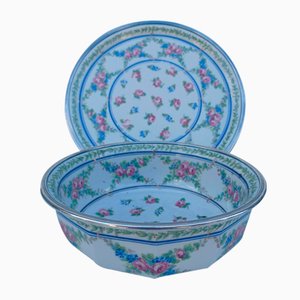 Limoges Porcelain Salad Bowl and Platter Set with Silver Rim, 1920s, Set of 2