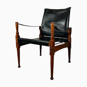 Mid-Century English Safari Chair in Mahogany and Black Leather