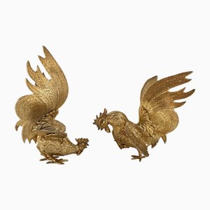 Gilt Brass Rooster Figures, France, 1960s, Set of 2