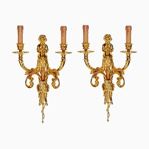 Gilded Sconces with Currency Curls Surmounted Cherubs, Set of 2