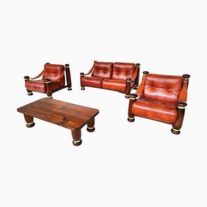 Mid-Century Modern Leather and Wood Sofa, Armchairs and Table, Italy, 1970s, Set of 4