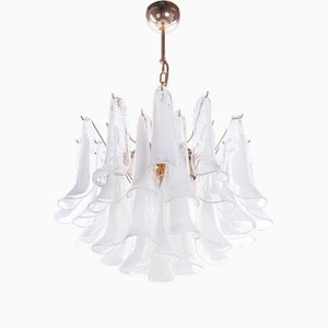Vintage Petal Chandelier in Clear and White Murano Glass, Italy, 1970s