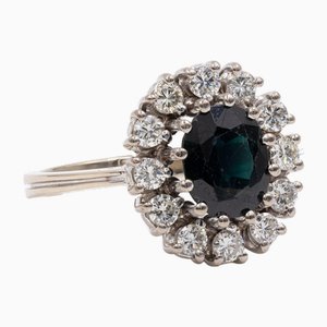 Vintage 14k4 White Gold Sapphire & Diamonds Daisy Ring, 1960s