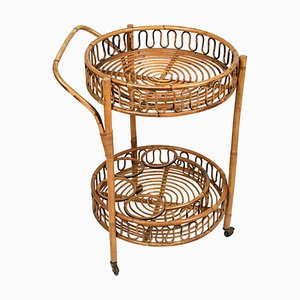 Chariot de Bar Mid-Century Rond en Bambou et Rotin, Italie, 1960s