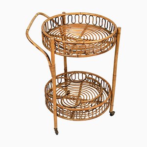 Mid-Century Round Serving Bar Cart in Bamboo and Rattan, Italy, 1960s