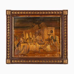 Artista piamontés, Fete Galante, siglo XVIII, Collage con incrustaciones de bambú sobre lienzo, Enmarcado