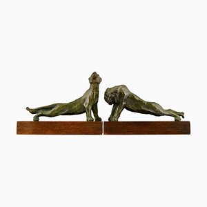 Fermalibri Art Déco in bronzo con pantera e tigre di Oscar Waldmann, 1925, set di 2